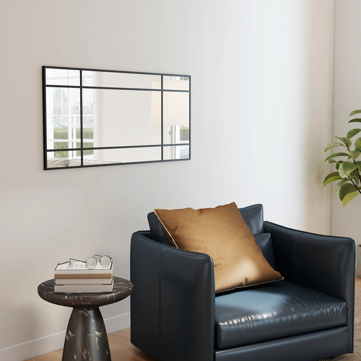 Window Pane Wall Mirror with Metal Frame, 110 x 50cm, Black