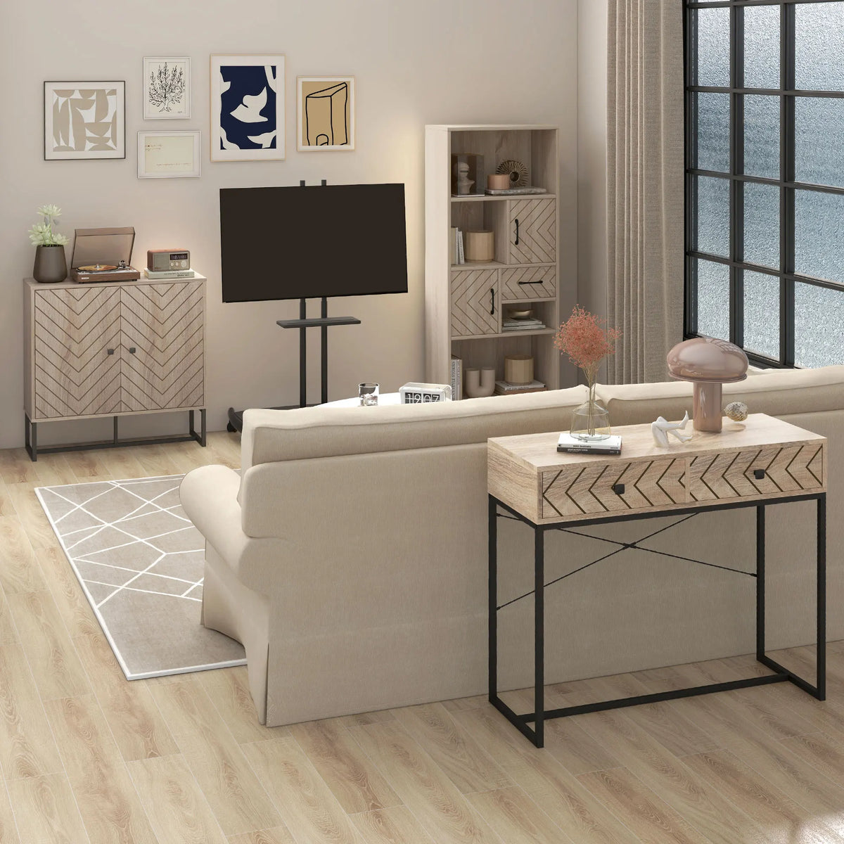 Embossed Arrow Storage Cabinet with Adjustable Shelf, Metal Frame Handles
