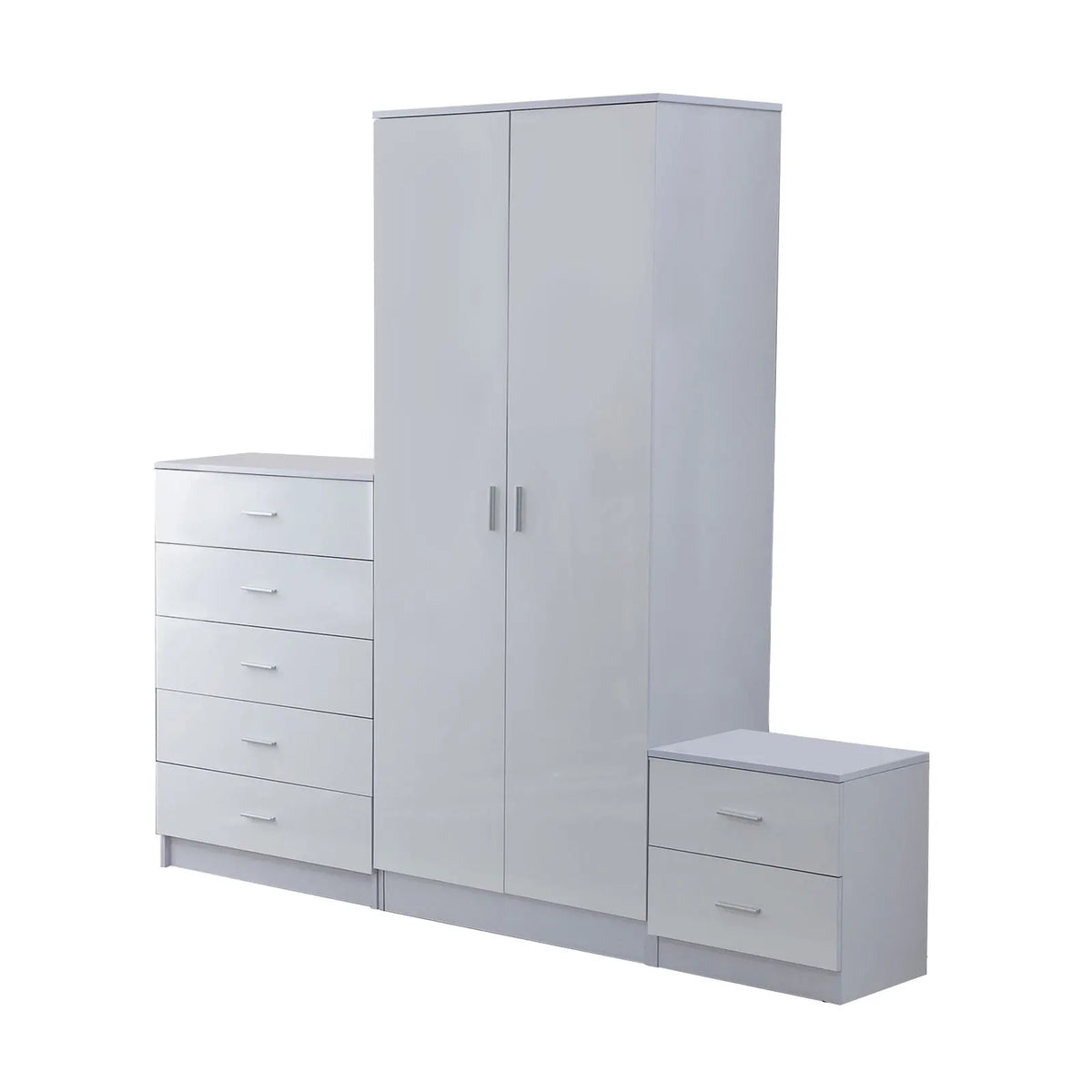 High Gloss Wardrobe, Chest of Drawers & Bedside Set, White