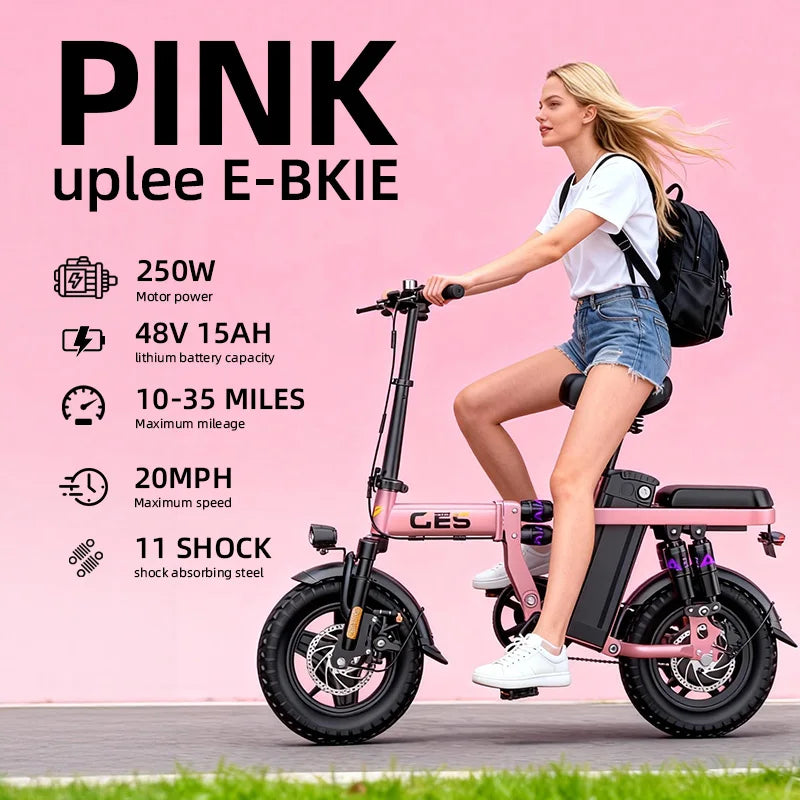 GE5 14 Inch Folding Electric Bike with 250W Motor and 48V Removable Battery, Pink
