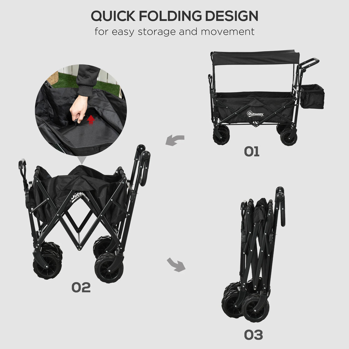 Folding Trolley Cart 68kg with 4 Wheels Telescopic Handle Canopy Side Pocket and Cup Holder Black
