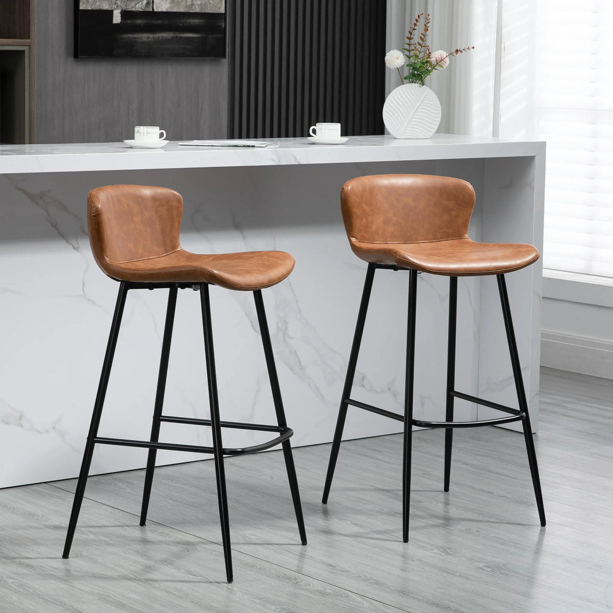 Bar Stools Set of 2, PU Leather Bar Chairs with Back and Steel Legs