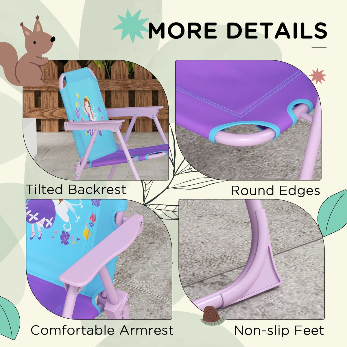 Kids Bistro Table and Chair Set Fairy Theme with 86-122cm Adjustable Parasol and Safety Lock Folding Chairs