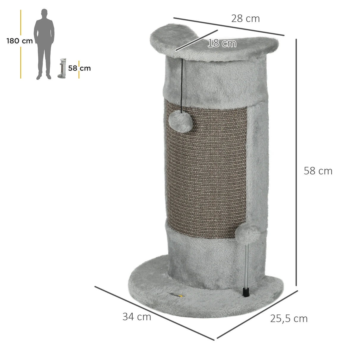 58cm Corner Cat Scratching Post with Sisal, Plush and Two Toy Balls, Grey