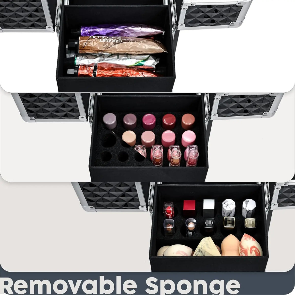 Rolling Makeup Case with Slide Out Drawer and 4 Trays 36-55L PVC Cosmetic Trolley for Salon and Travel