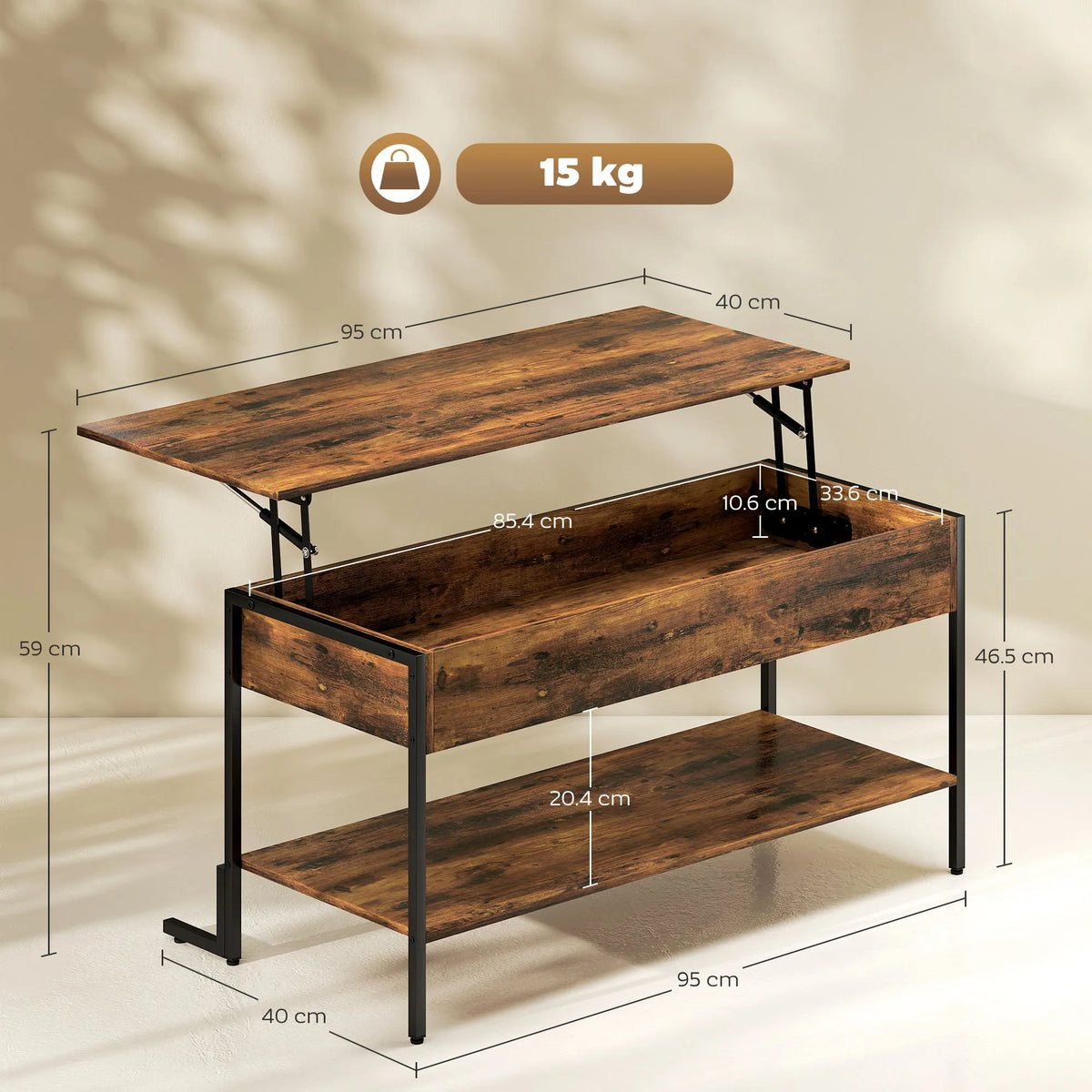 Industrial Lift Top Coffee Table with Storage Shelf, Rustic Brown
