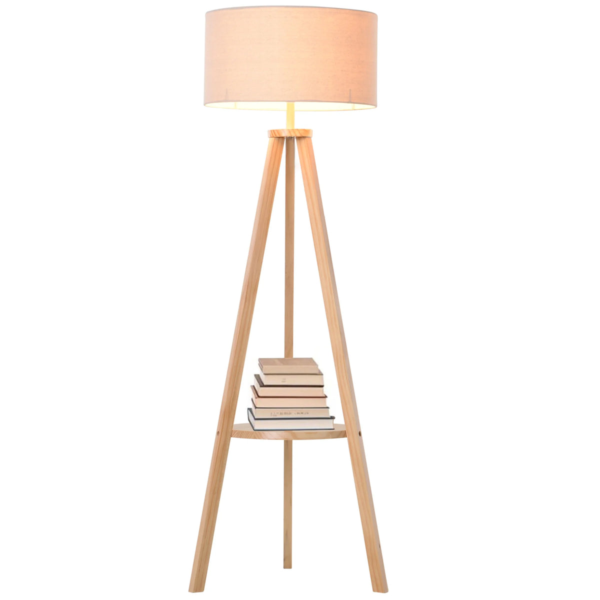 Wooden Tripod Floor Lamp with Storage Shelf and Linen Shade, Cream