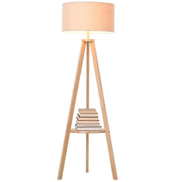 Wooden Tripod Floor Lamp with Storage Shelf and Linen Shade, Cream