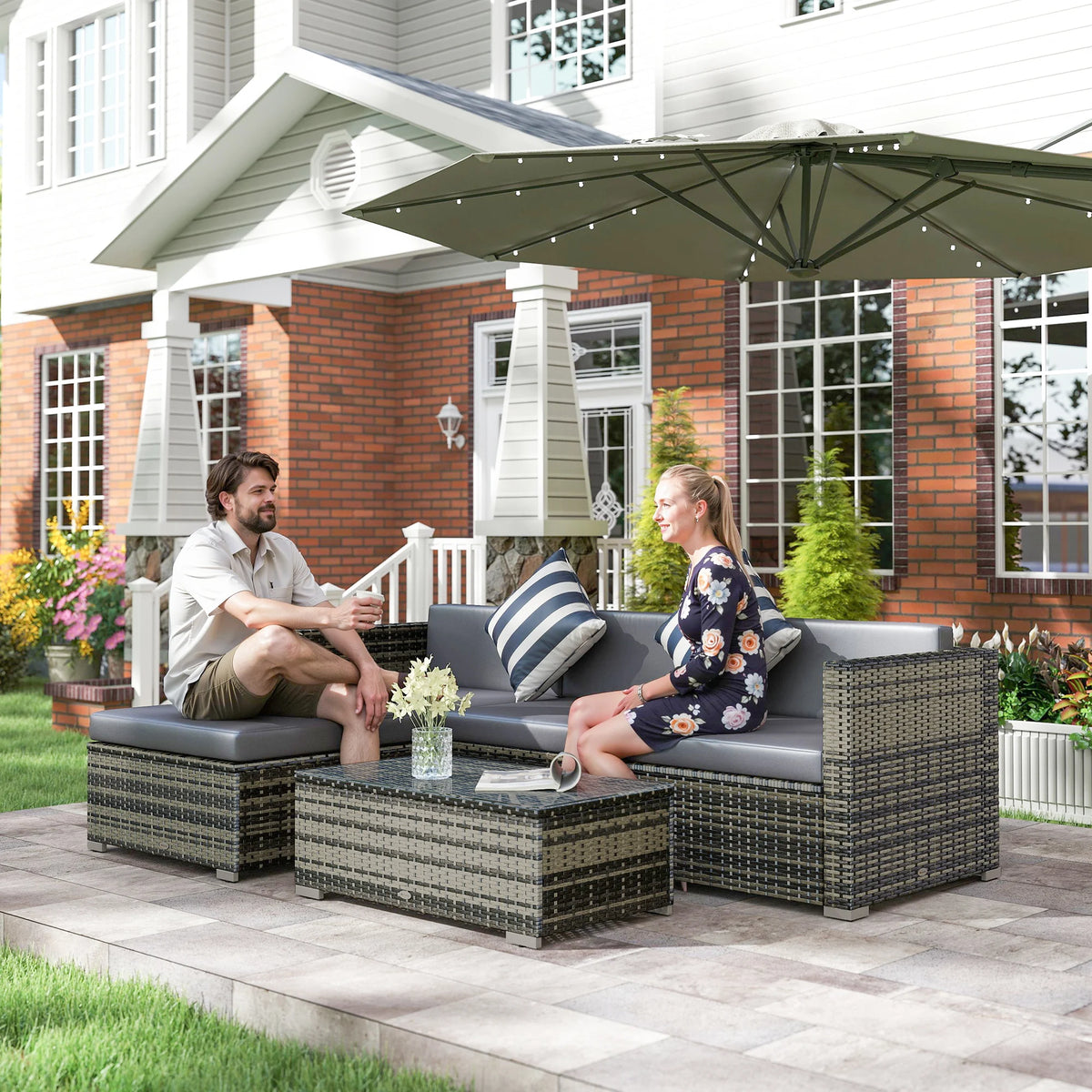 5 Piece Rattan Garden Corner Sofa Set with 67cm Wide Seats, Sectional Outdoor Furniture