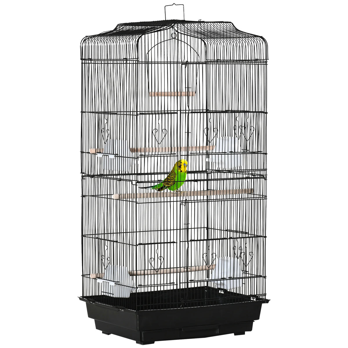 92cm Metal Bird Cage with Perches, Food Bowls and Swing, Black