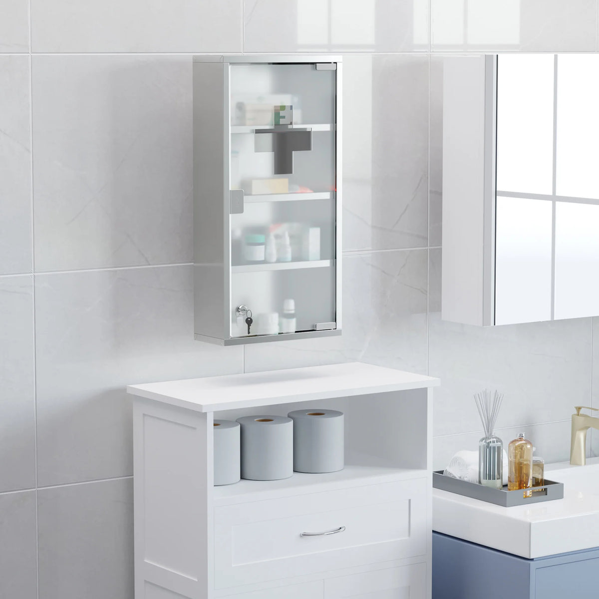 Lockable Medicine Cabinet with 4 Tier Shelves Stainless Steel Glass Door 2 Keys First Aid Cross