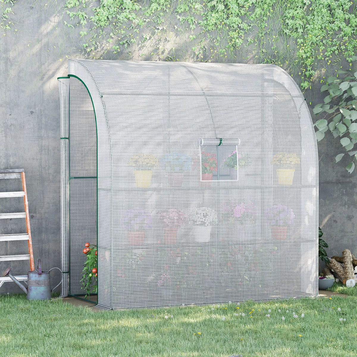 Walk-in Lean-to Greenhouse with Shelves and Roll-Up Doors, 200 x 100cm, White