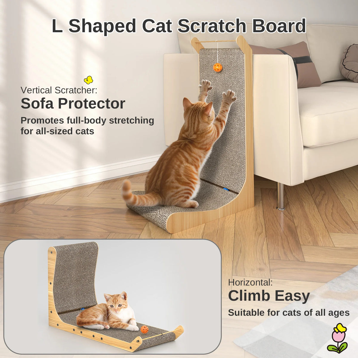 L Shaped Corner Cat Scratching Pad 68cm Solid Wood Frame Corrugated Board with Integrated Toy Ball