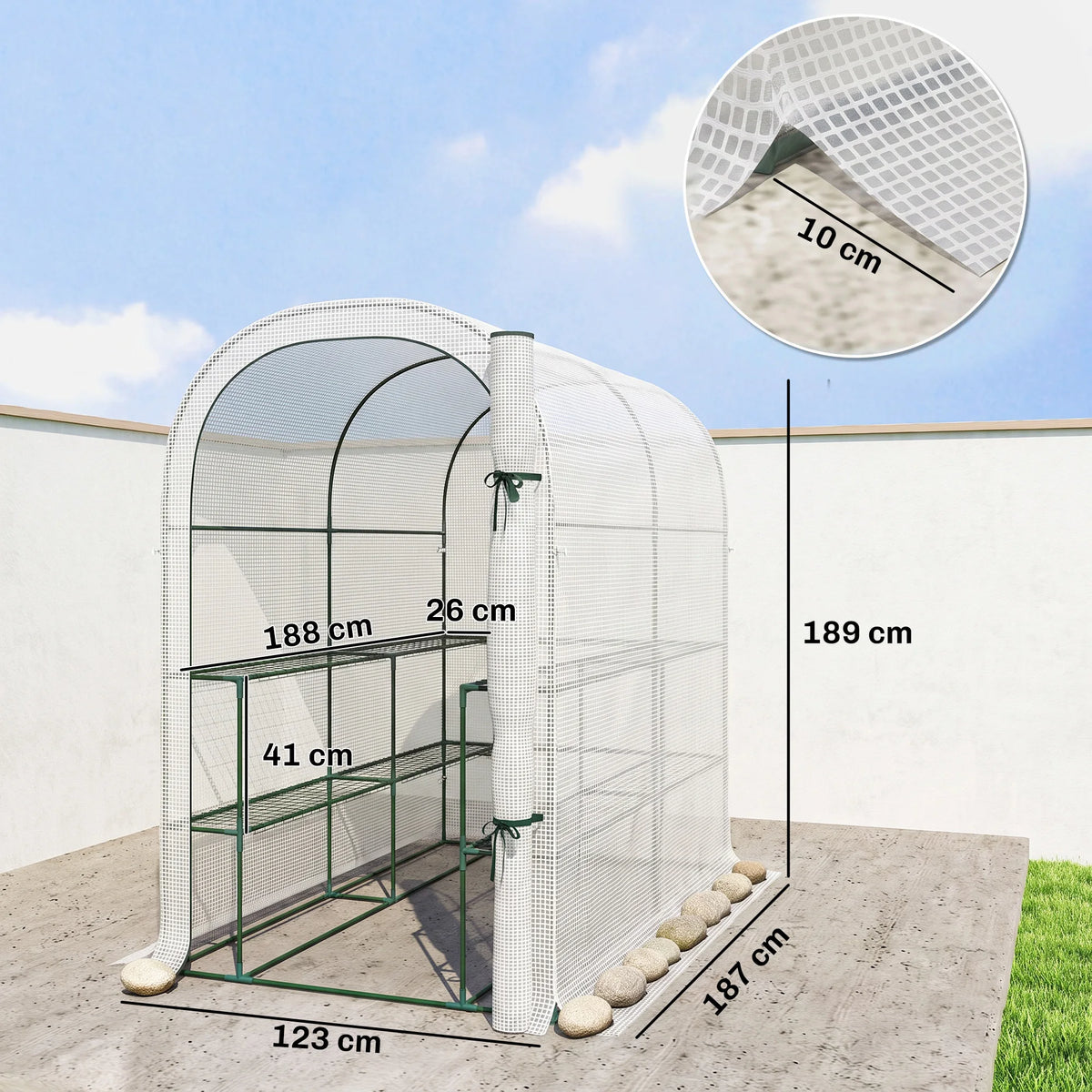 Small Walk-In Greenhouse with Shelves, Roll-Up Door and PE Cover, White