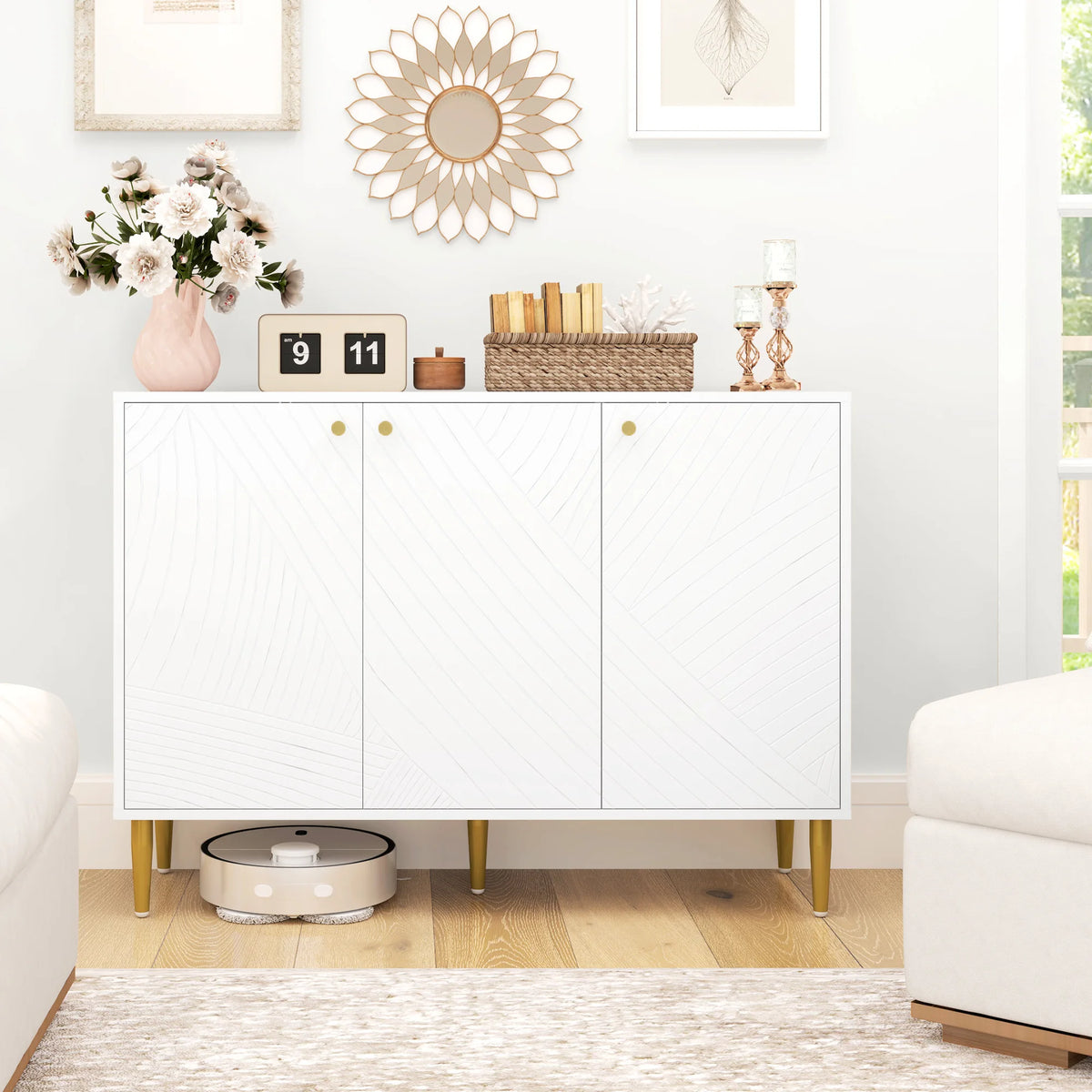 Sideboard Cabinet with 3 Carved Line Doors 2 Cupboards 3 Level Adjustable Shelves 5 Legs Melamine White