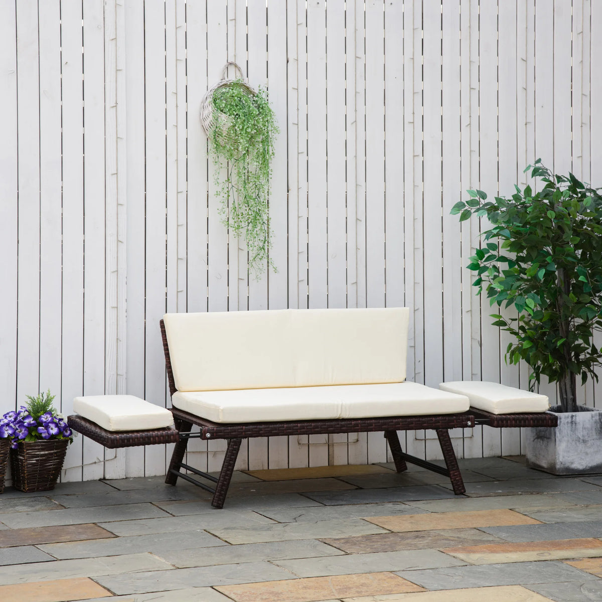 2 Seater Rattan Sofa with Cushions, 2-in-1 PE Rattan Daybed with Adjustable Armrests