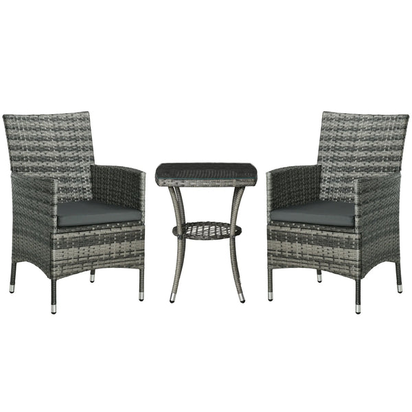3-Piece Rattan Bistro Set with 2-Tier Coffee Table and Chairs, Grey