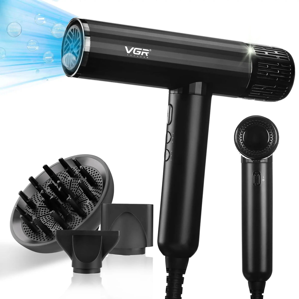 Professional Brushless Hair Dryer V-427 with Magnetic Diffuser and 2 Nozzles, 3 Heat Settings