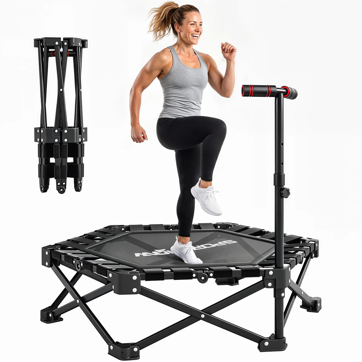 42-Inch Foldable Mini Trampoline with 3-Height Adjustable Handle, Black