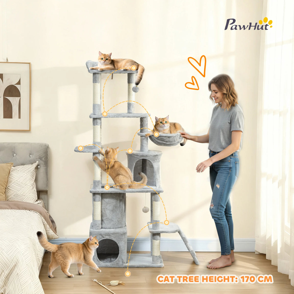 PawHut 170cm Large Cat Tree Tower 7 Scratching Posts Condos Hammock Tunnel Light Grey
