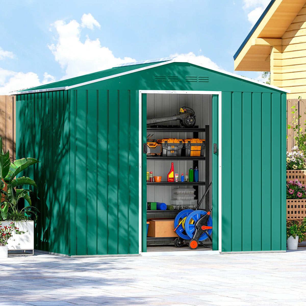 8 x 6ft Metal Garden Shed with Lockable Double Sliding Doors and Vents