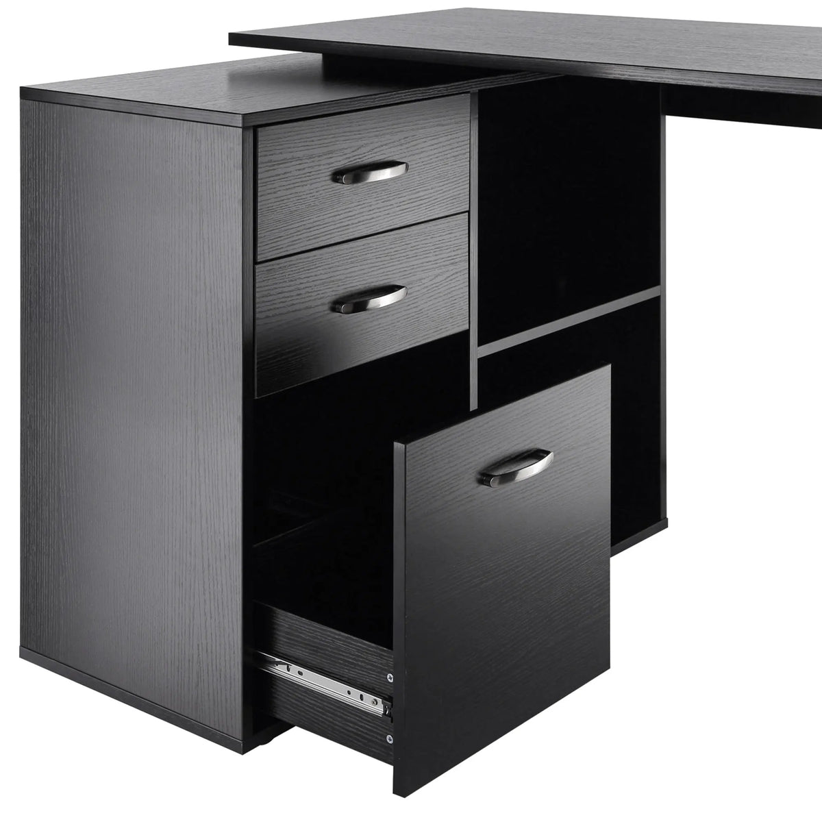 Convertible L-Shaped Computer Desk with File Cabinet, Drawers and Shelves, Black