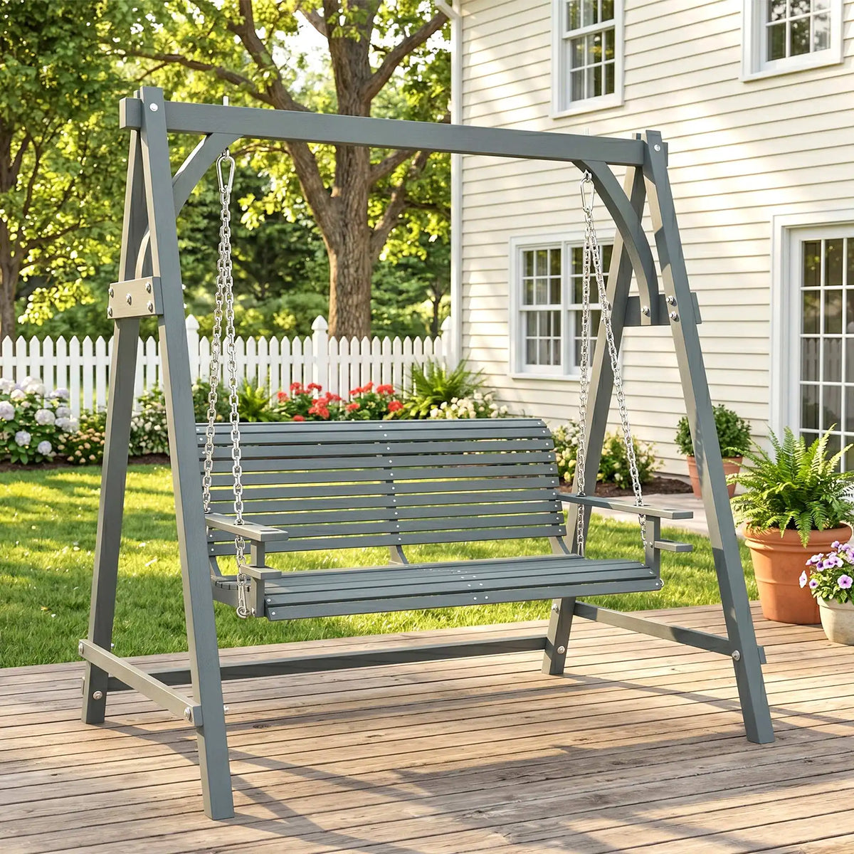 2 Seater Wooden Garden Swing Seat with Cup Trays and Galvanised Chains, Grey