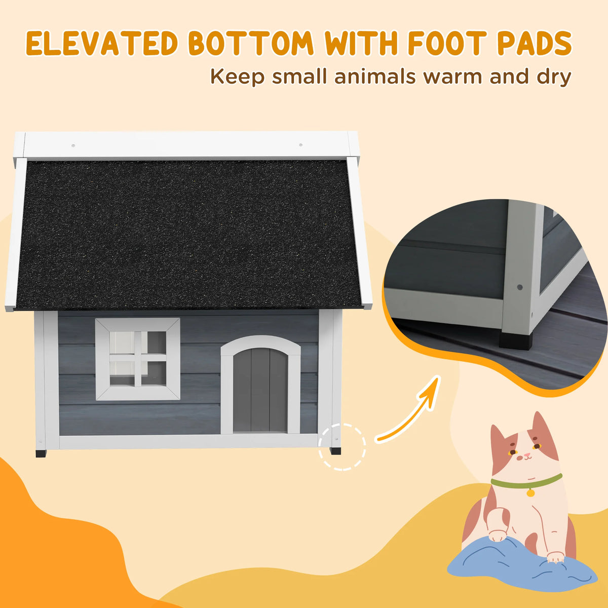 Outdoor Cat House with Openable Asphalt Roof and Three Doors, Grey