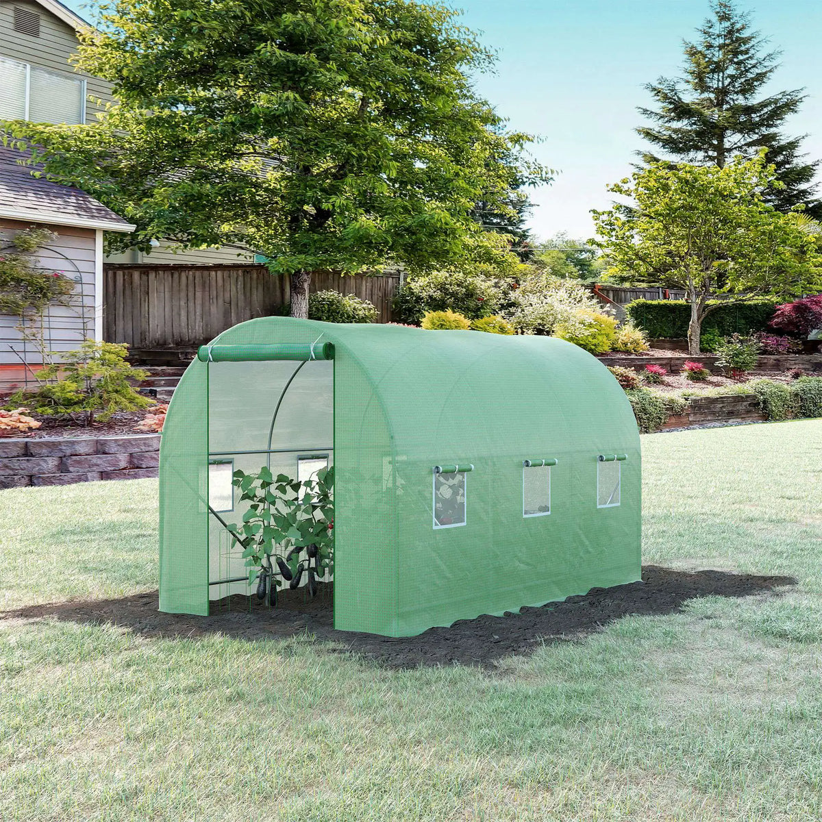Walk In Polytunnel Greenhouse 3.5x2m with Steel Frame Metal Support Rods Roll Up Door and Mesh Windows Green