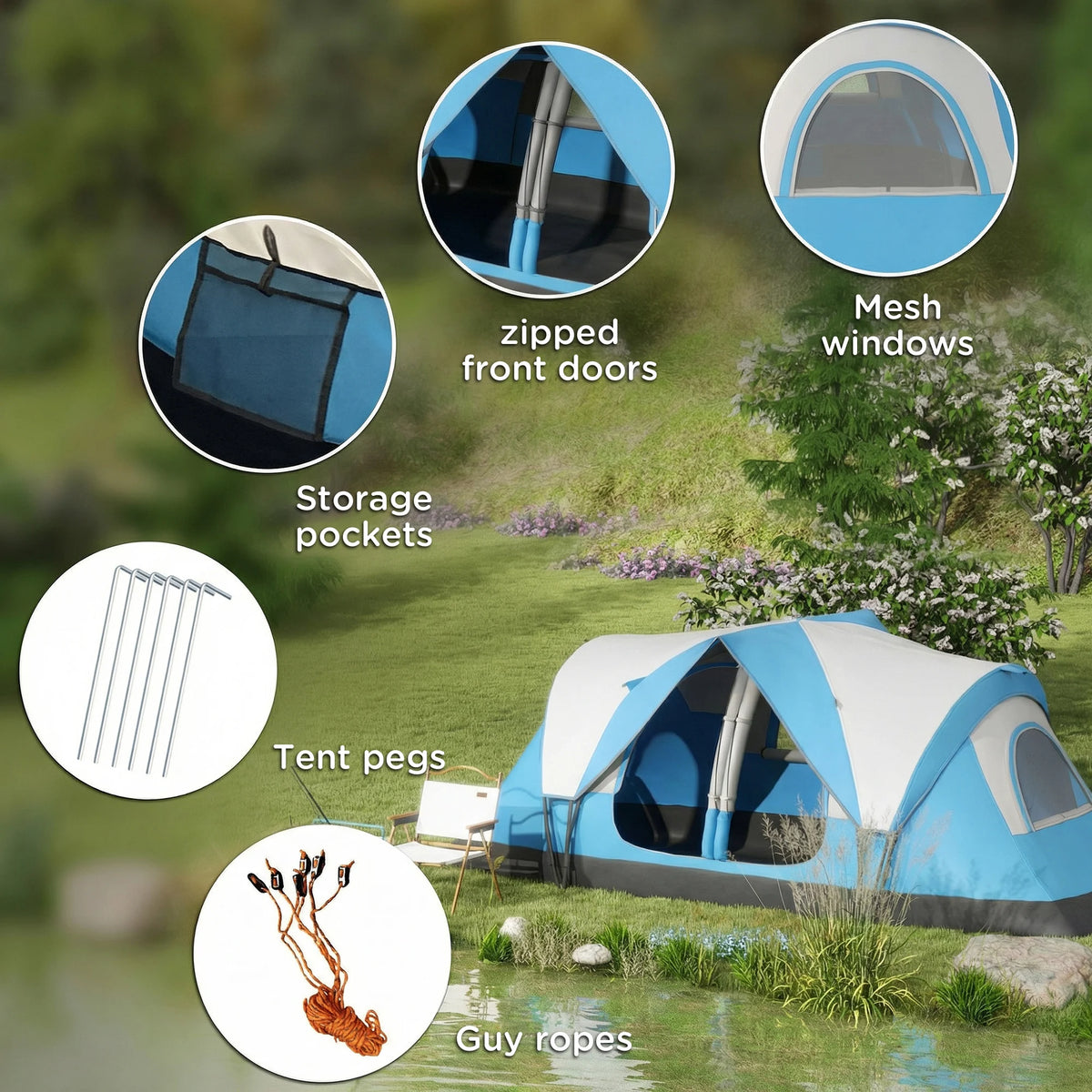 2 Room Tunnel Camping Tent with Removable Divider and 2000mm Rainfly, Sky Blue