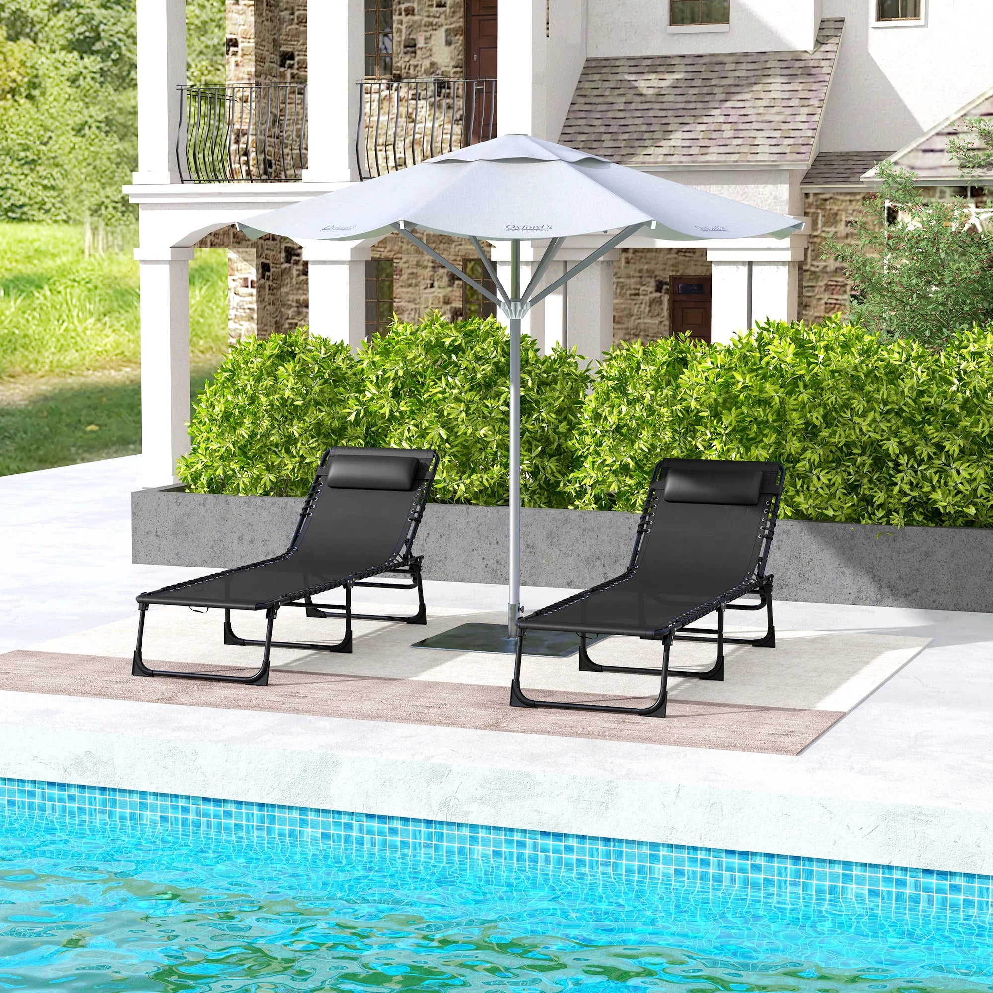 2 Piece Sun Lounger Set Folding Reclining Chaise Chair with 4 Position Backrest and Steel Frame for Beach Pool and Patio