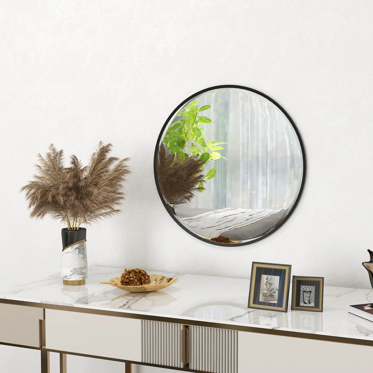Round Wall Mirror for Living Room, Bedroom and Bathroom, 61cm, Black