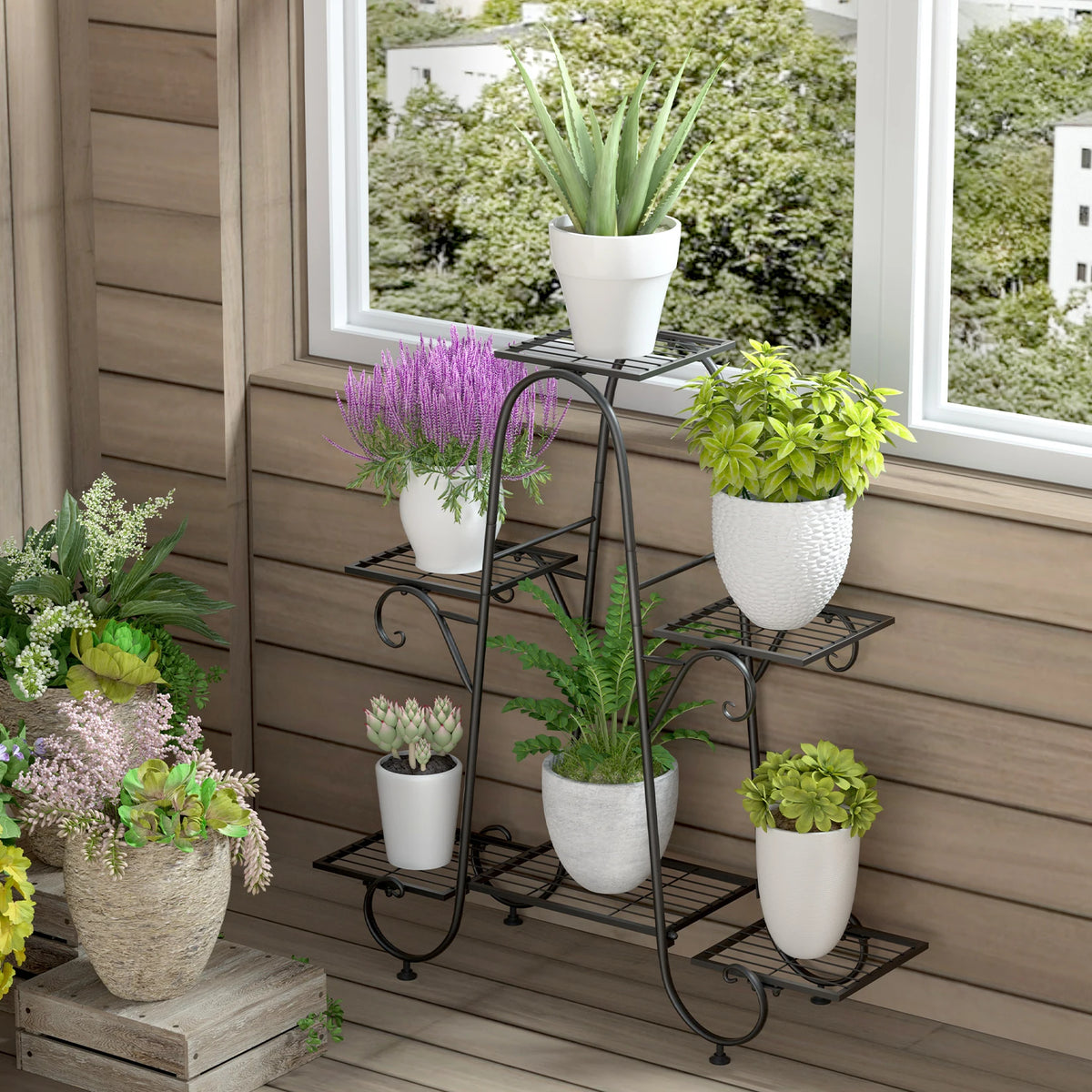 6 Tier Metal Plant Stand 78.6x24.5x74.3cm Anti-Rust Black 10kg per Tier for Garden Patio Balcony Indoor Outdoor