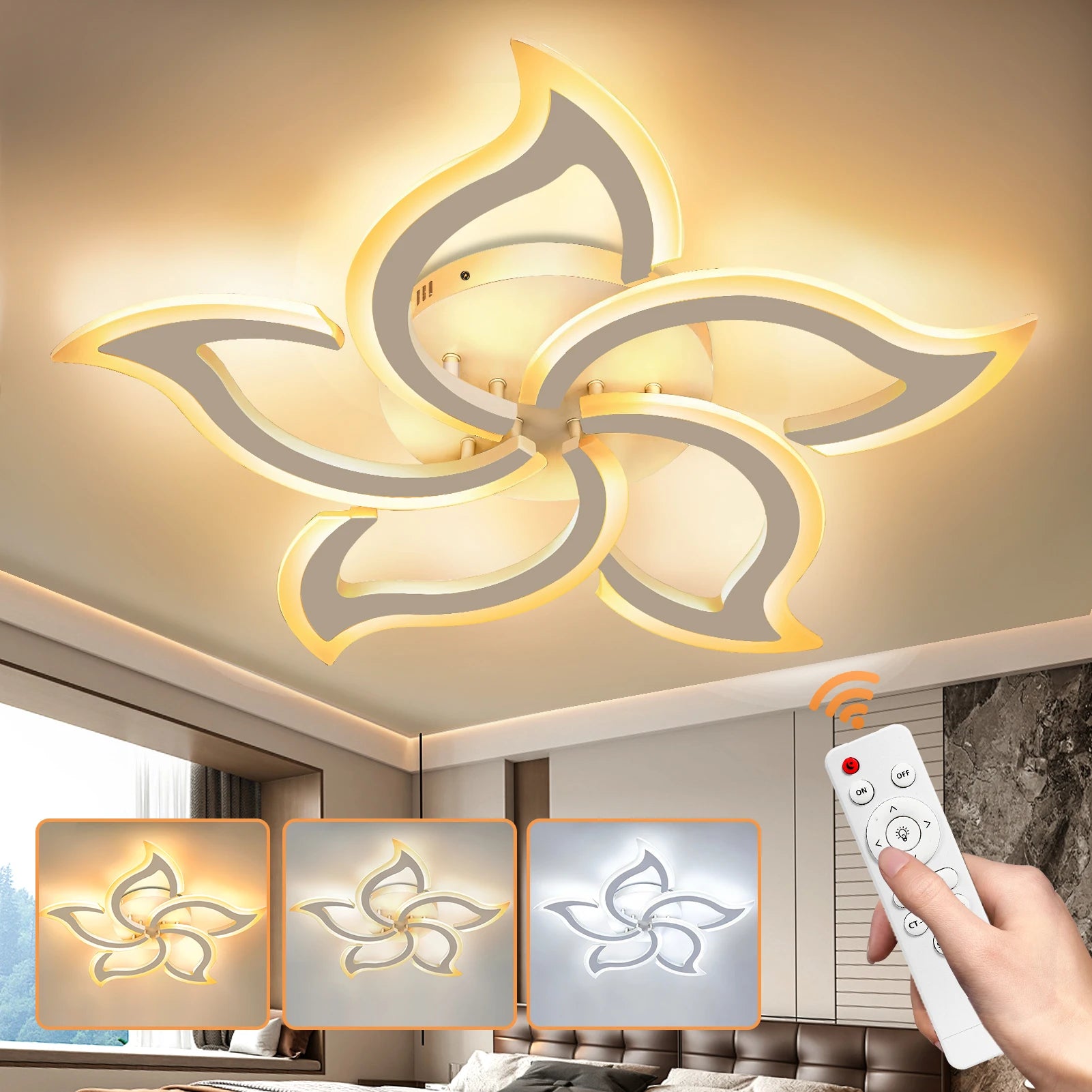 5 Head Flower LED Ceiling Light Dimmable 3000K-6500K Remote Control CRI80 for Living Room Bedroom 43-46m²