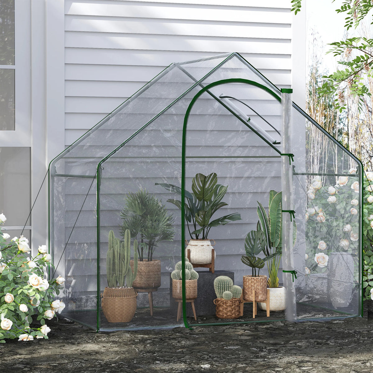 Walk In PVC Greenhouse 180x100x168cm with Zipped Front Door Back Window Steel Frame UV Resistant Clear
