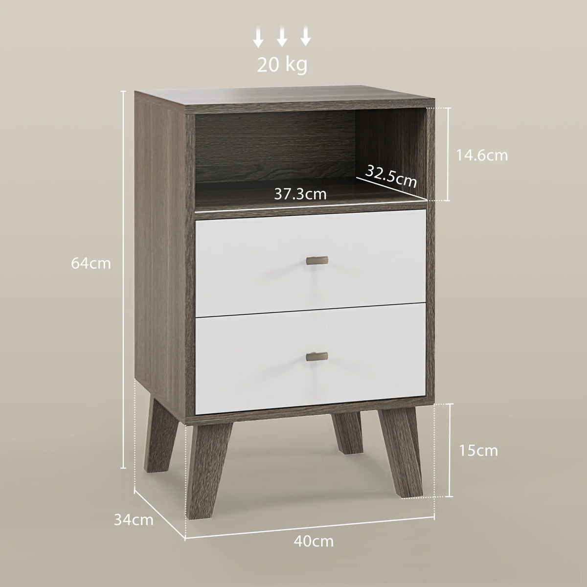 Bedside Tables Set of 2 with 2 Drawers and Open Shelf, White and Grey
