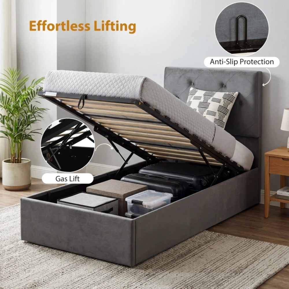 90 x 190cm Single Gas Lift Storage Bed Frame, Dark Grey Velvet Button-Tufted Headboard, BS5852 Fire-Retardant