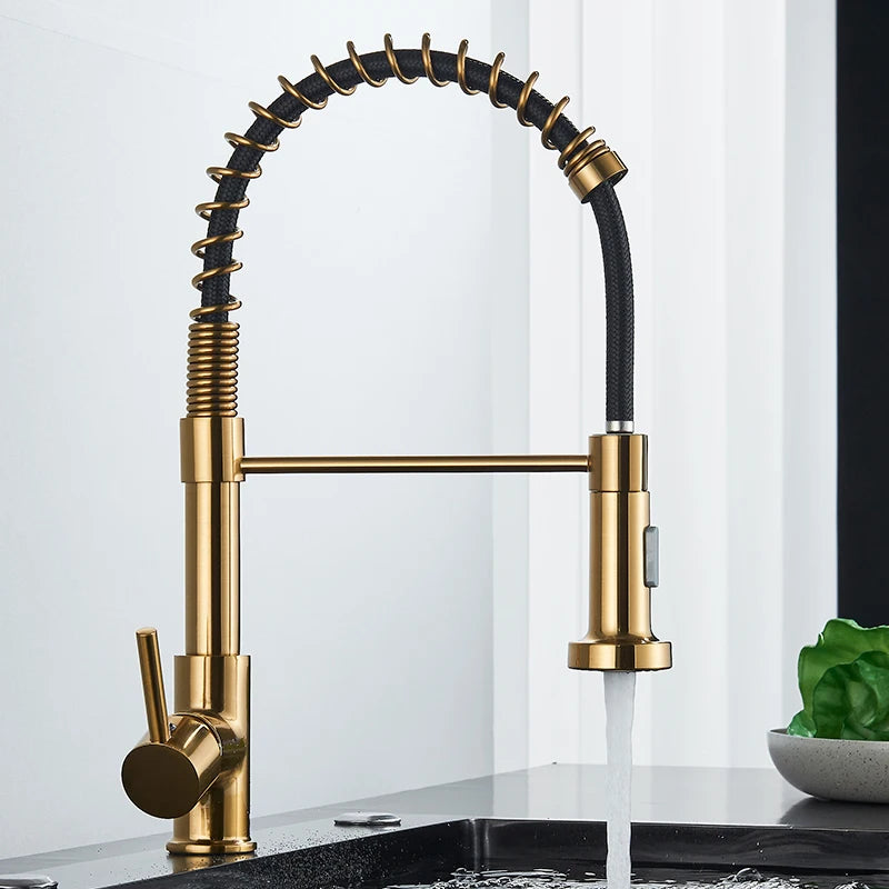 Pull Down Kitchen Faucet Brushed Gold – 2-Mode Spray Mixer Tap 360° Rotating Hot & Cold Sink Faucet