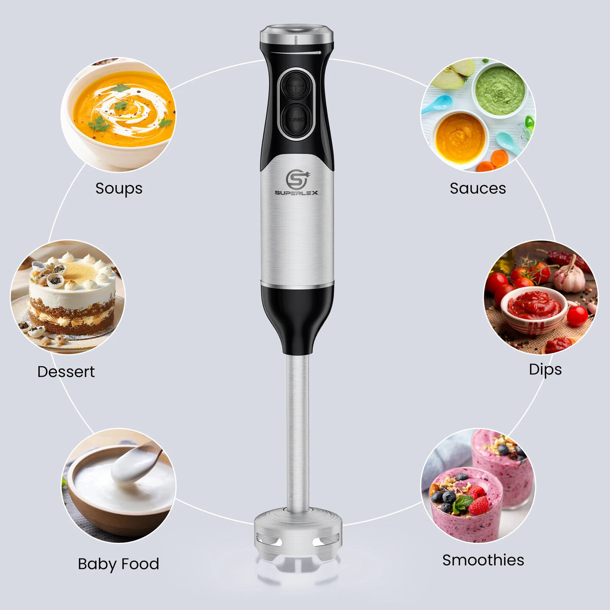 600W Stainless Steel Immersion Hand Blender with 304 Sharp Blades 2 Speed Settings Turbo Mode and Non-Slip Grip for Kitchen Use