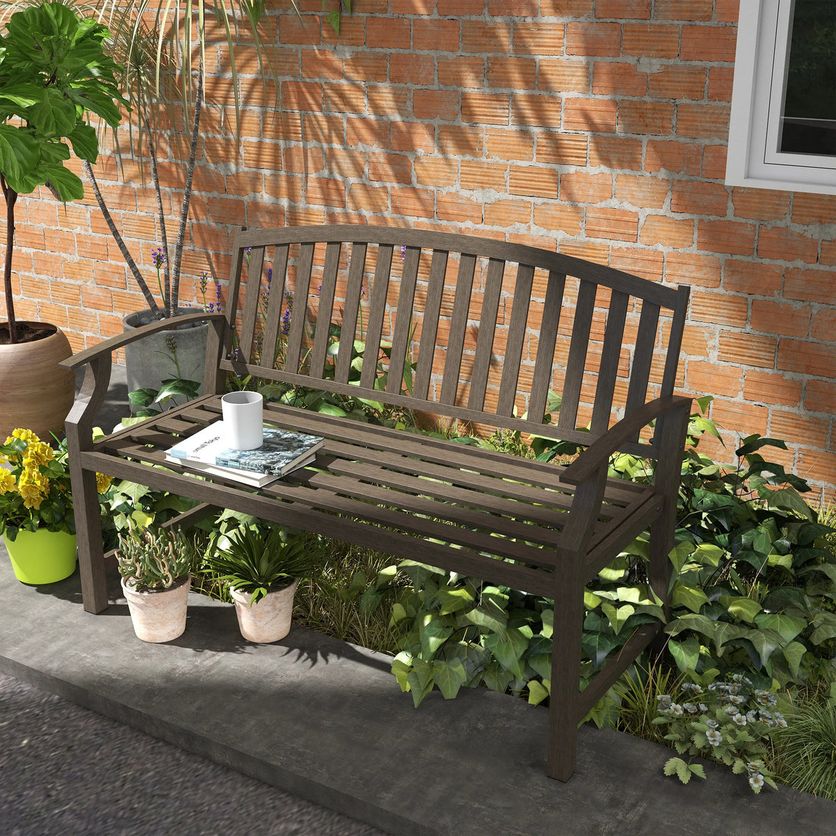 Garden Bench, Outdoor Metal Bench with Slatted Seat and Backrest, Curved Armrests