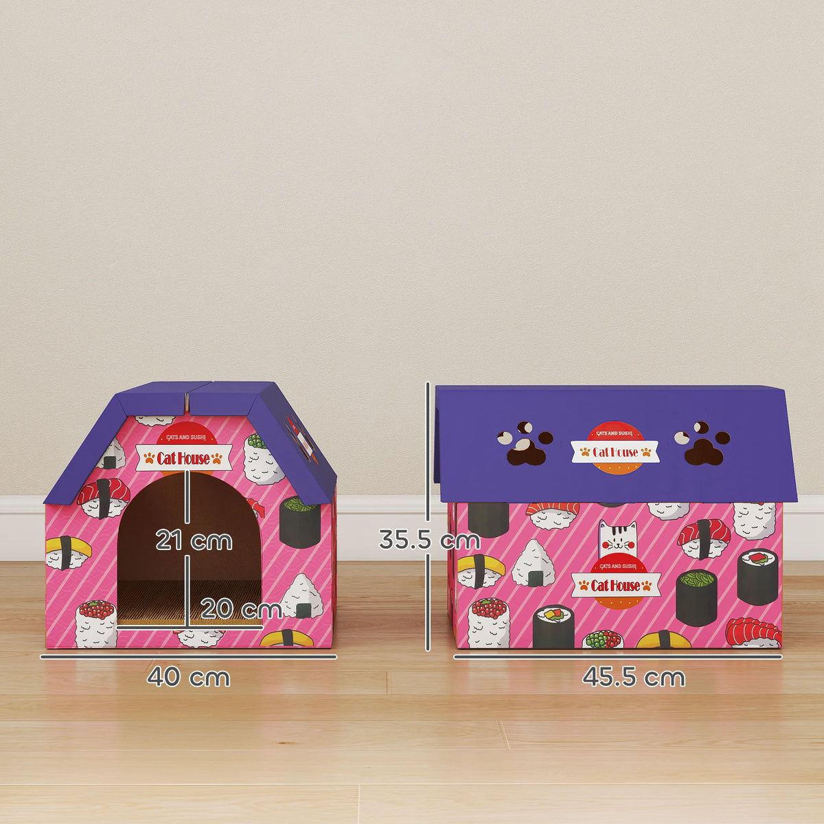 2 in 1 Cardboard Cat House and Scratching Board with 4 Paw Shaped Vents Sushi Design with Cat Grass Pink