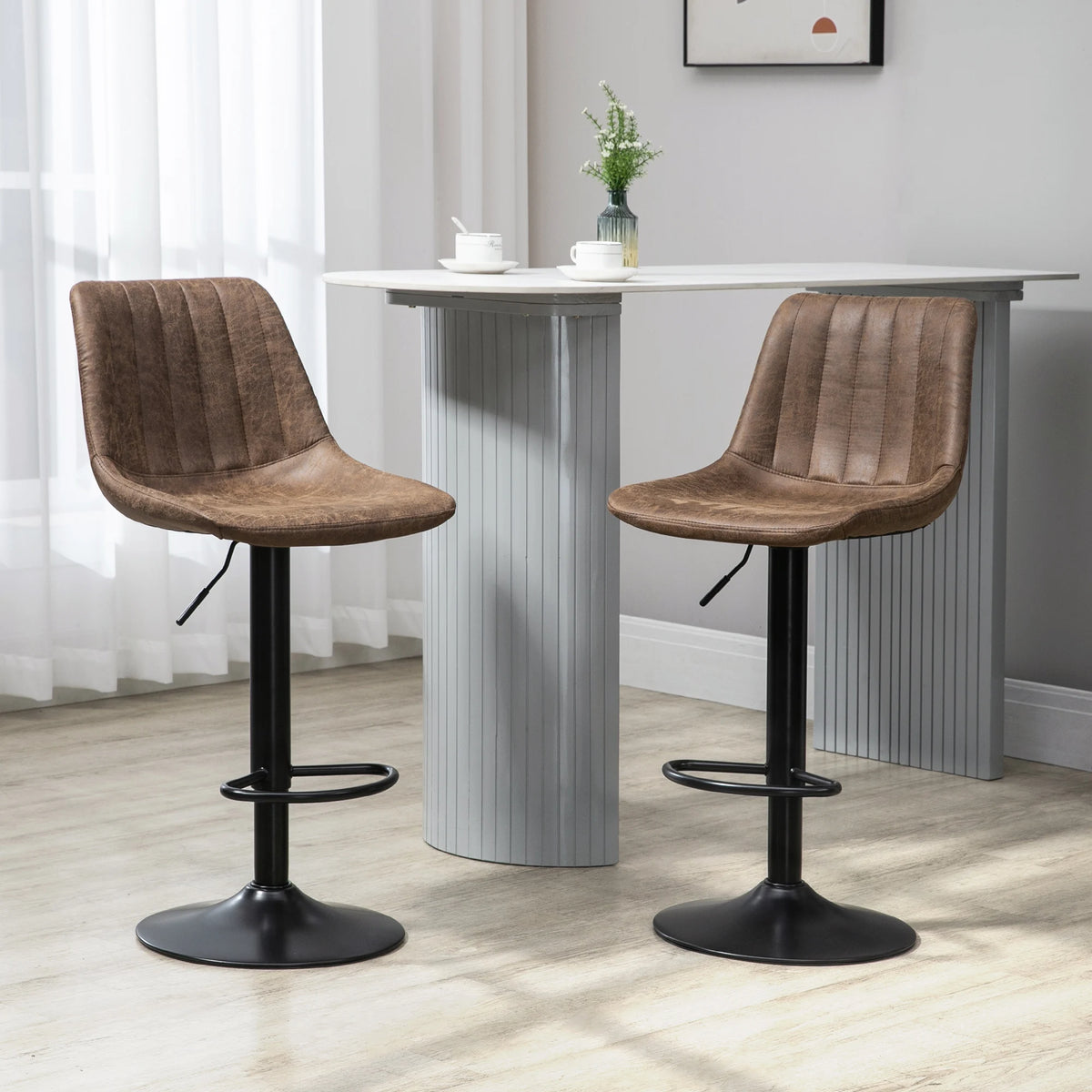 Set of 2 Microfibre Retro Tub Bar Stools with Footrest, Metal Frame, Brown