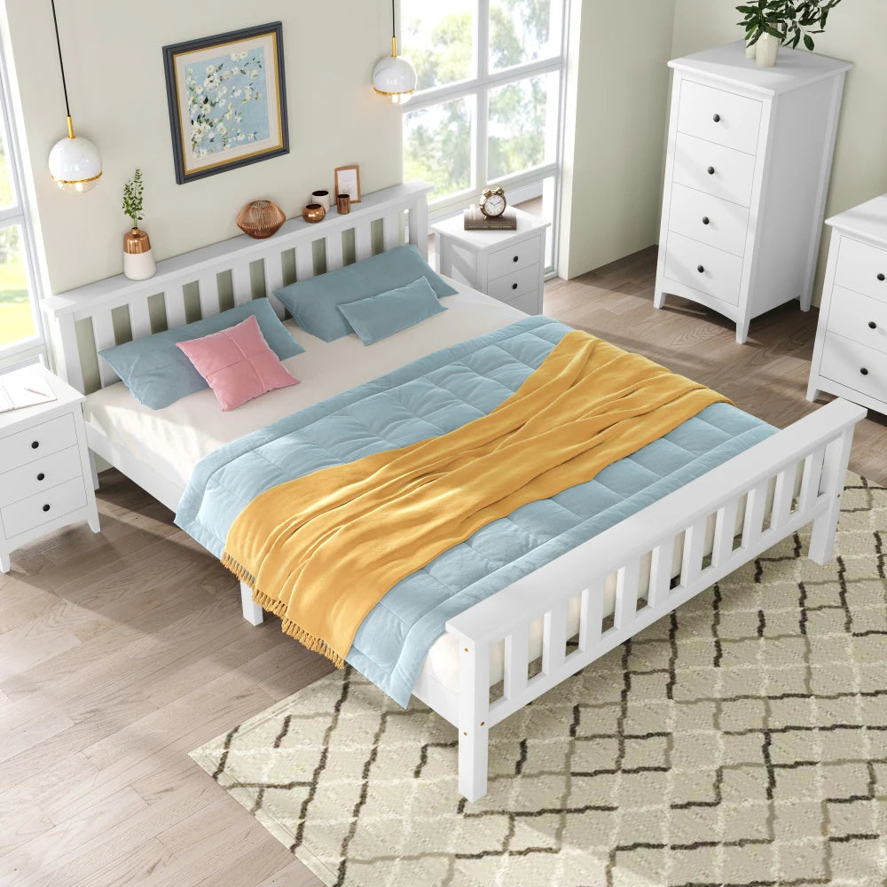 4ft6 Double Wooden Bed Frame, White Solid Pine, No Box Spring Needed