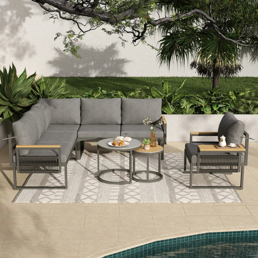 5-6 Seater Garden Corner Sofa Set, Rope Woven Outdoor Sofa with Armchair & 2 Nesting Coffee Tables