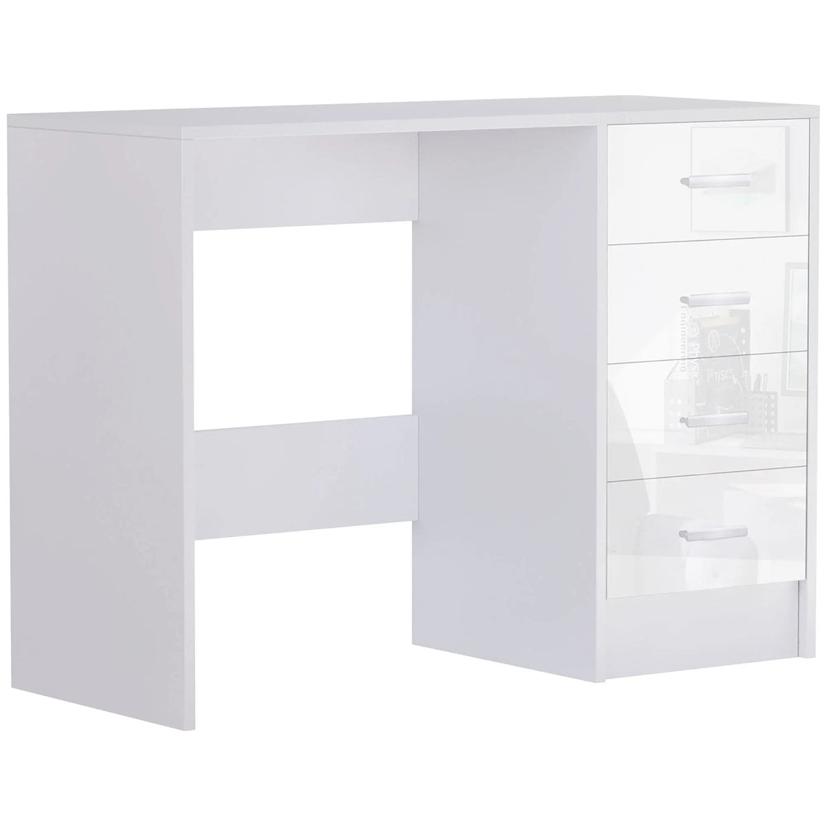 Computer Writing Desk with 4 Drawers, High Gloss Home Office Workstation