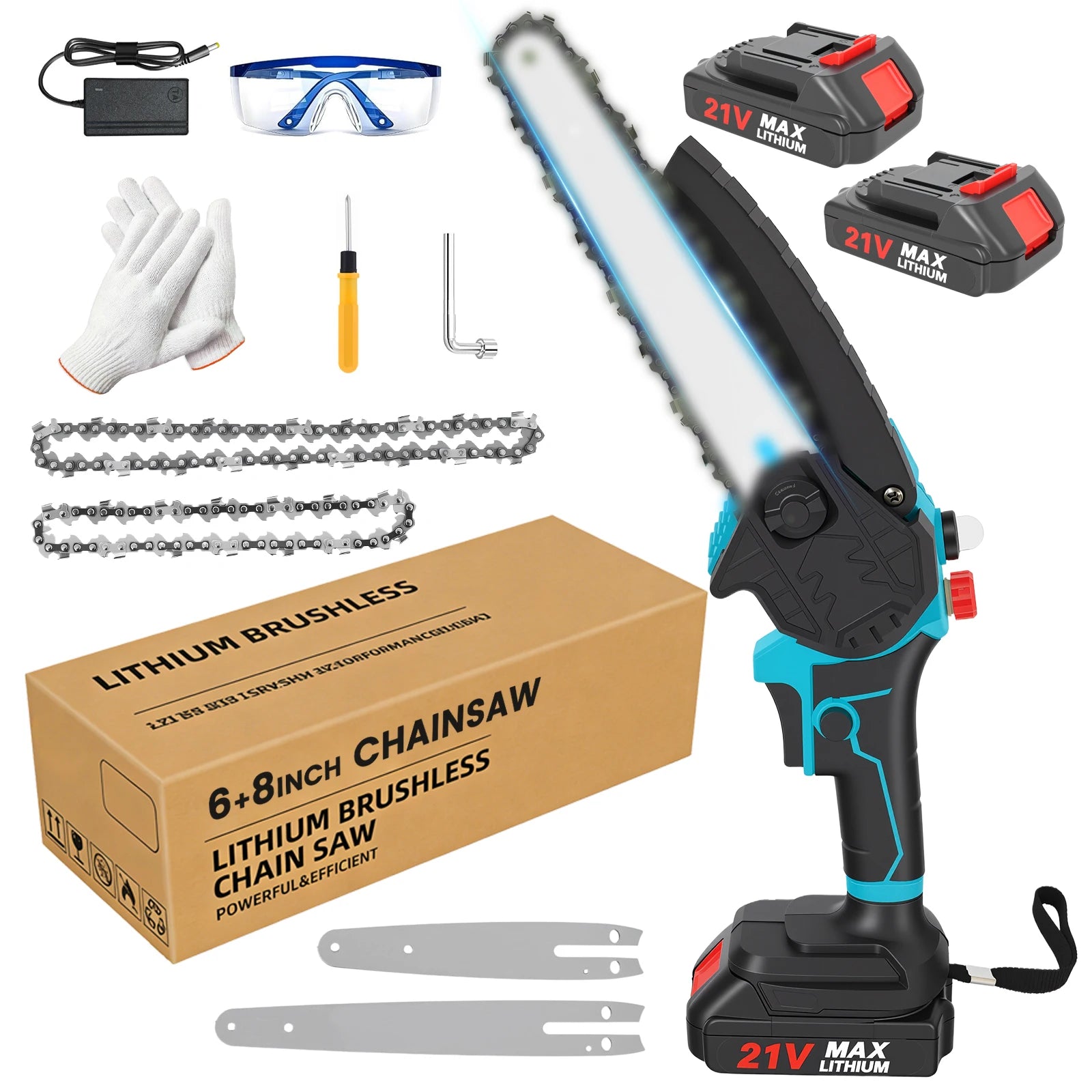 6+8 Inch Cordless Mini Chainsaw 21V 500W 2x2Ah Batteries Auto Oiling Lightweight for Branch Trimming Garden DIY