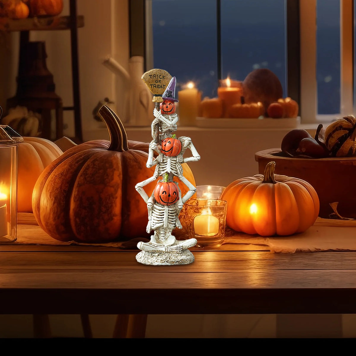 Halloween Skeleton with Stacked Pumpkins Resin Ornament, 32cm