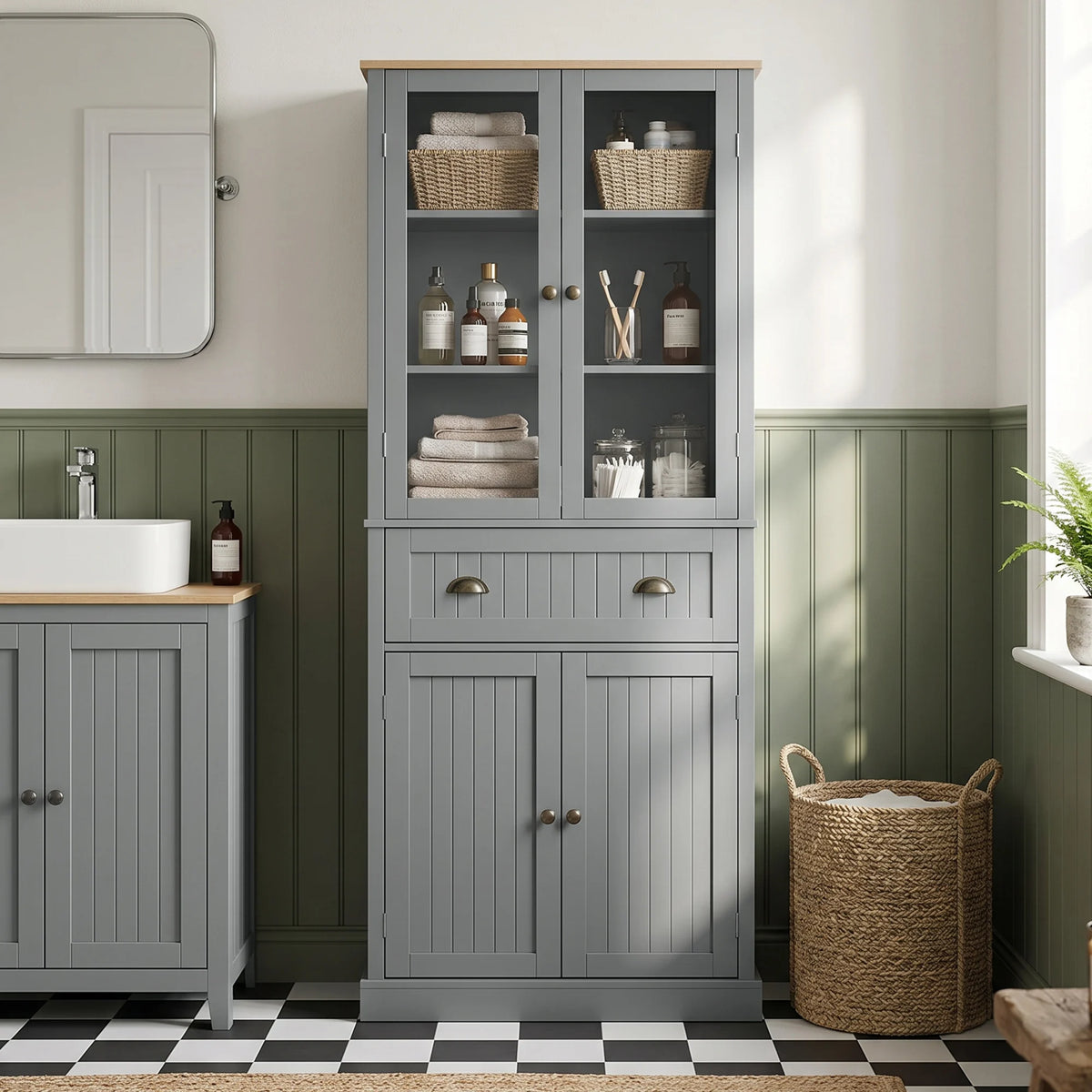 Farmhouse Kitchen Pantry Cupboard with Glass Doors, Drawer and Adjustable Shelves, Grey