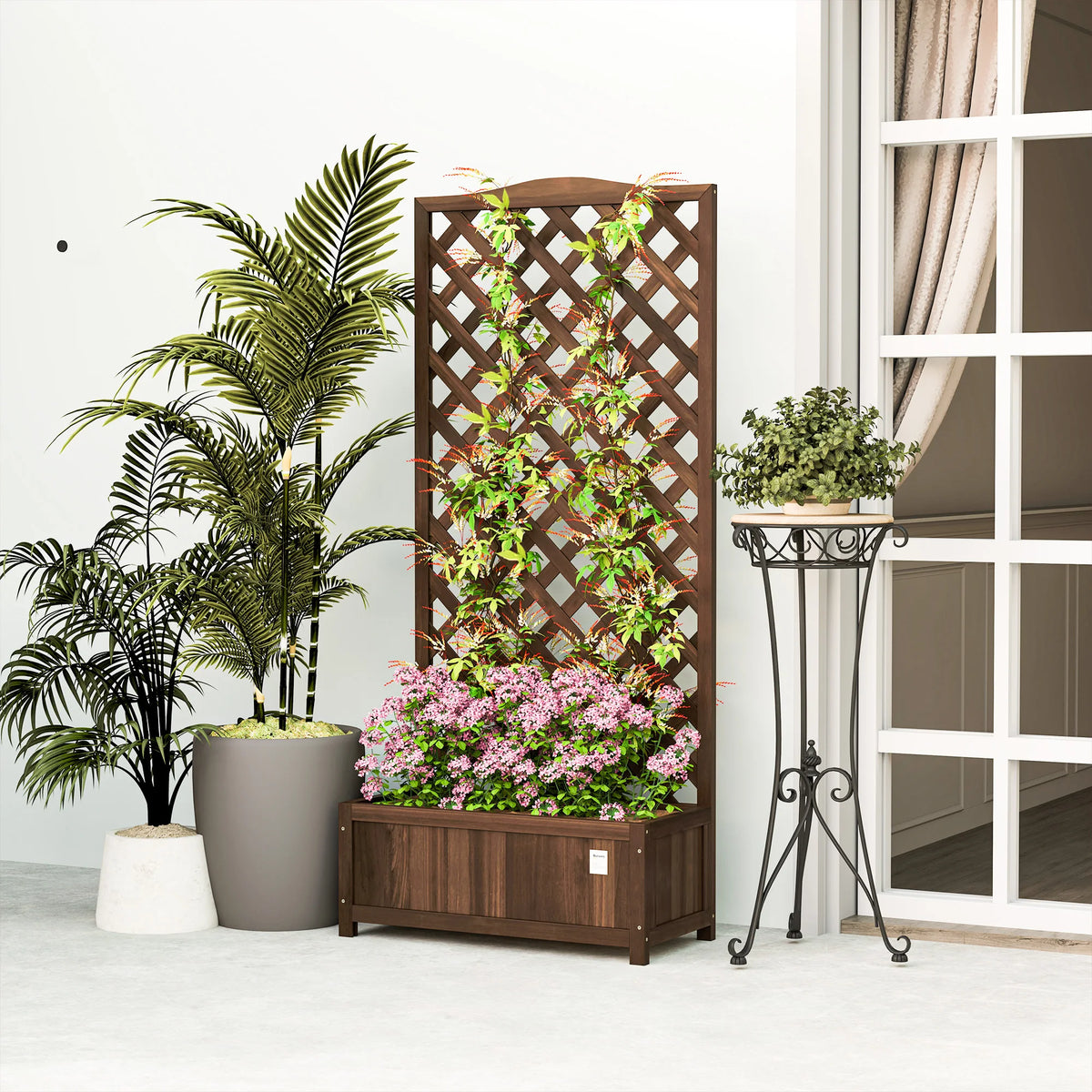 Garden Wooden Planter Box with Trellis Lattice Flower Raised Bed, Dark Brown