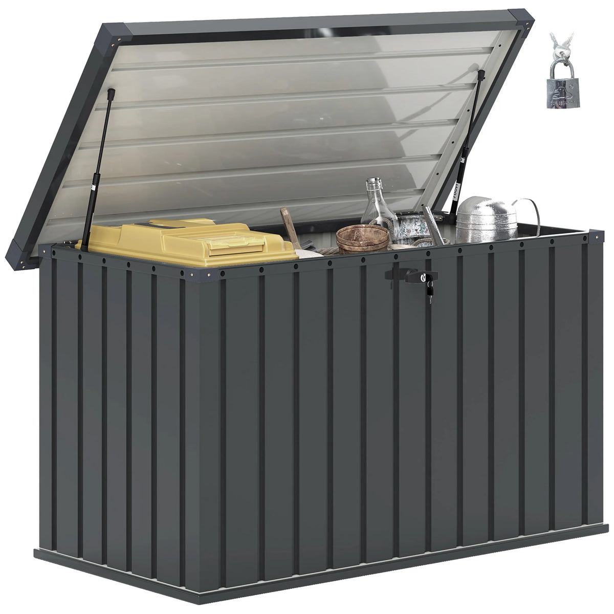 400L Metal Garden Storage Box with Lockable Gas-Lift Lid, Dark Grey